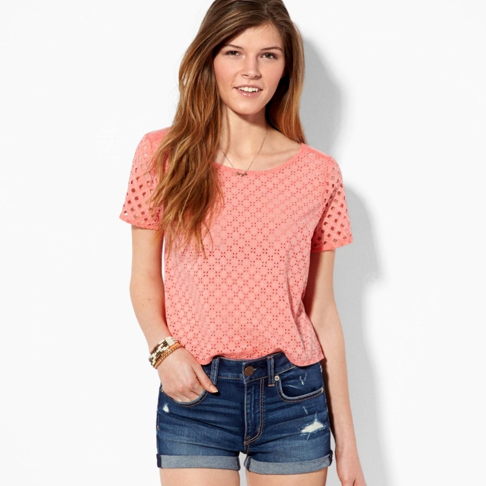 AEO Coral Eyelet Lace Crop Top American Eagle